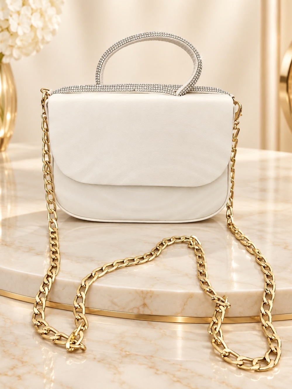 White Crossbody Bag with Gold Chain and Crystal Top Handle